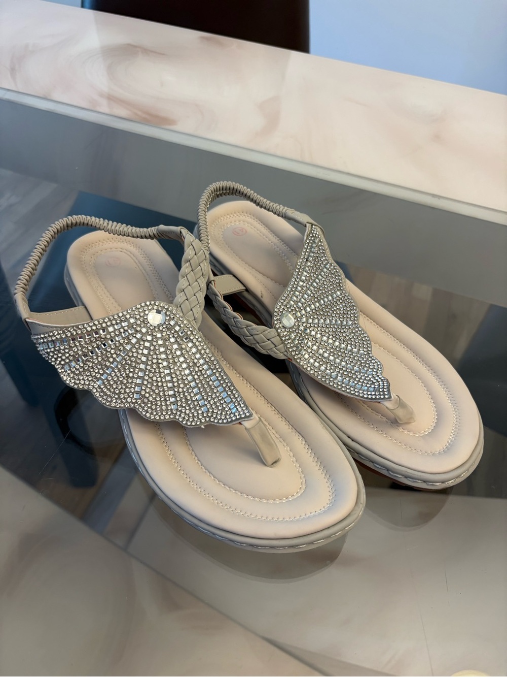Beige Wing-Embellished Women's Sandals with Braided Back Strap